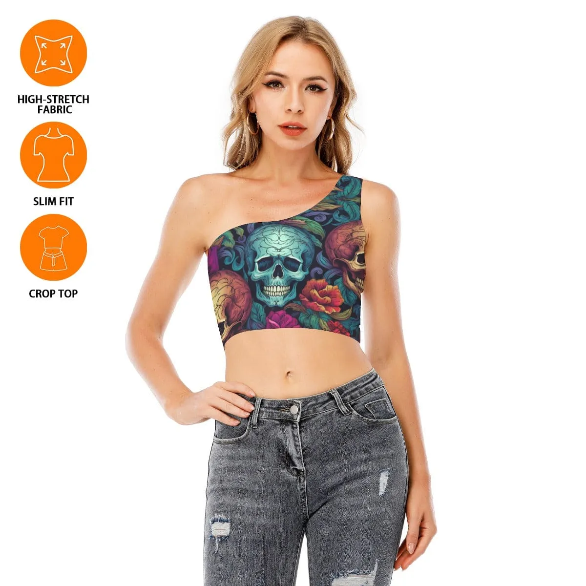 Women's Blue Skull Flowers One-Shoulder Cropped Top