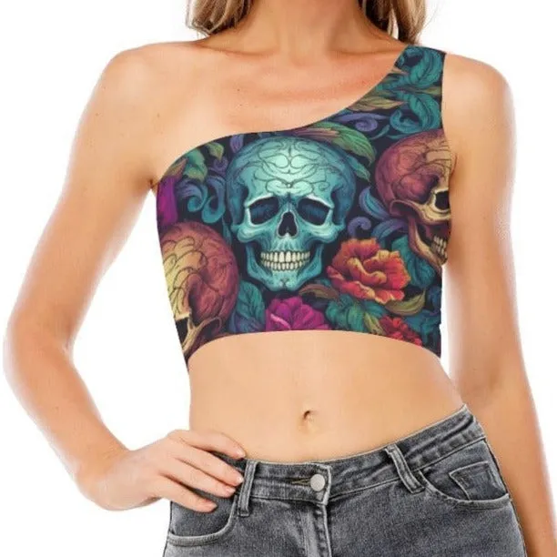 Women's Blue Skull Flowers One-Shoulder Cropped Top