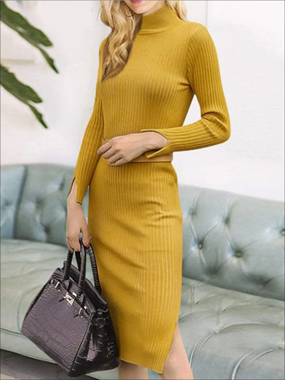 Women's Fashion Knit Bodycon  Belted Sweater Dress