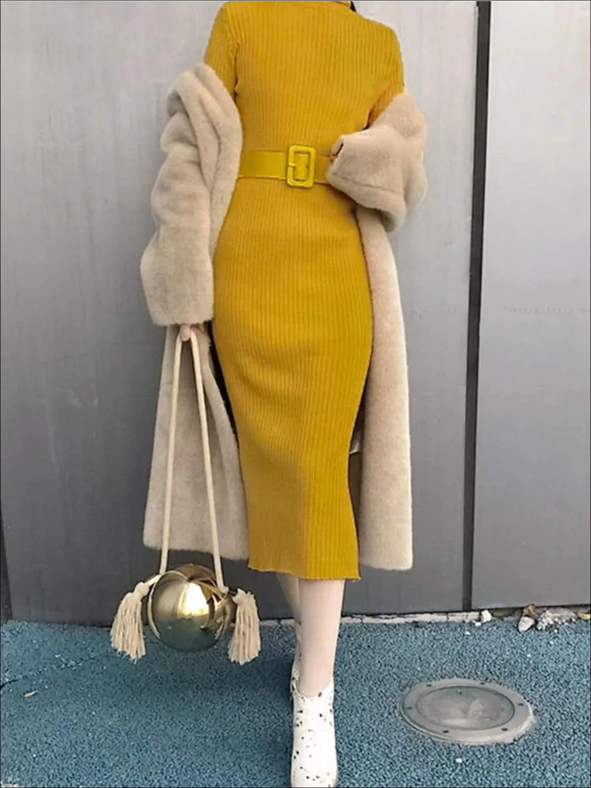 Women's Fashion Knit Bodycon  Belted Sweater Dress