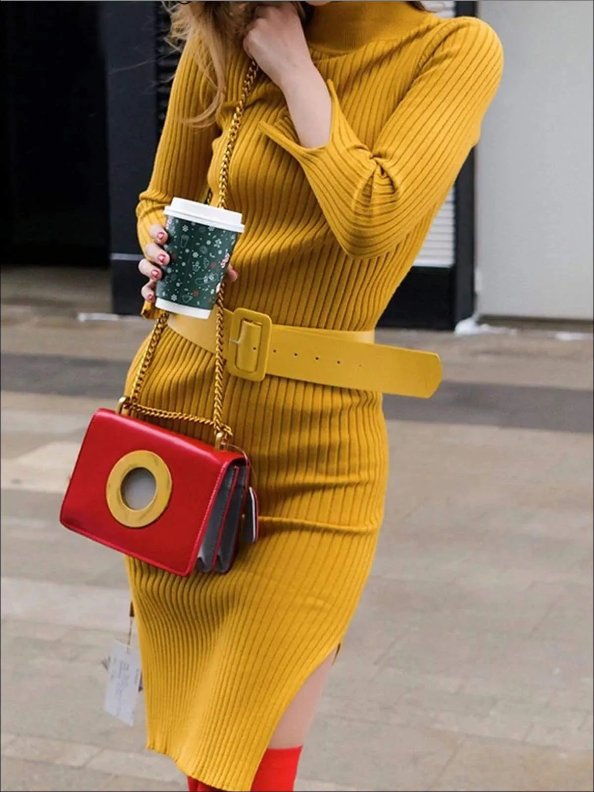 Women's Fashion Knit Bodycon  Belted Sweater Dress