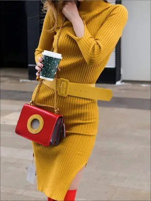 Women's Fashion Knit Bodycon  Belted Sweater Dress