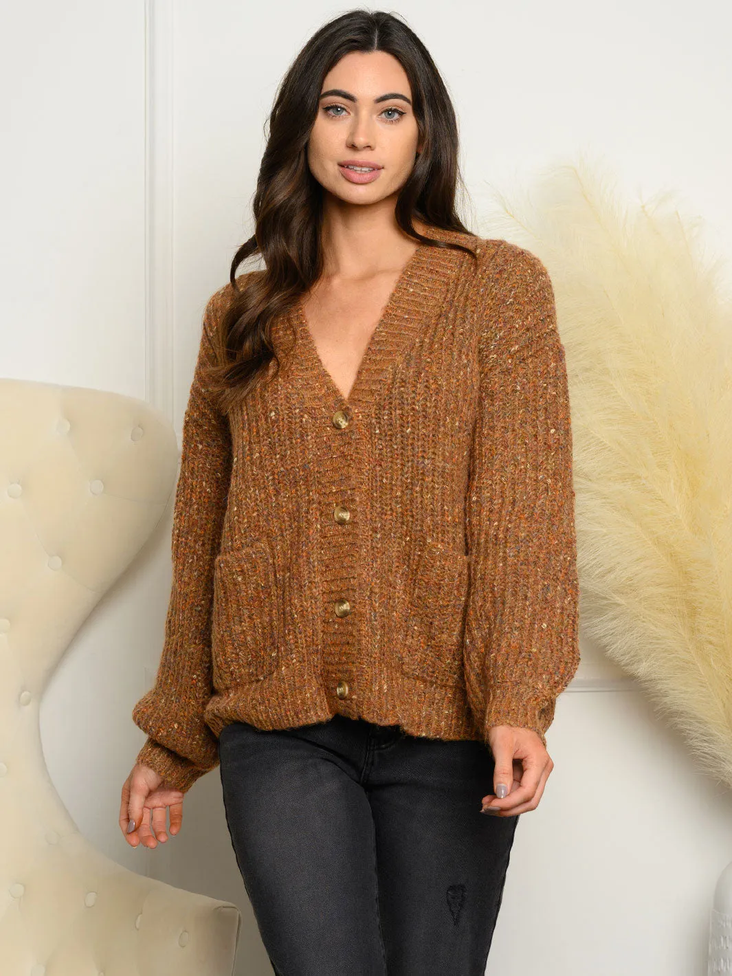 WOMEN'S LONG SLEEVE BUTTON CLOSURE FRONT POCKETS SWEATER CARDIGAN