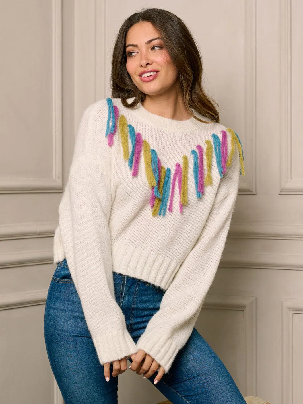WOMEN'S LONG SLEEVE MULTI COLORS TASSEL DETAILED SWEATER