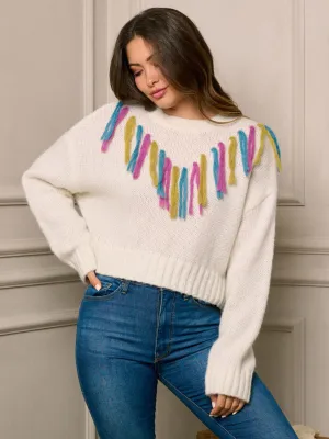 WOMEN'S LONG SLEEVE MULTI COLORS TASSEL DETAILED SWEATER