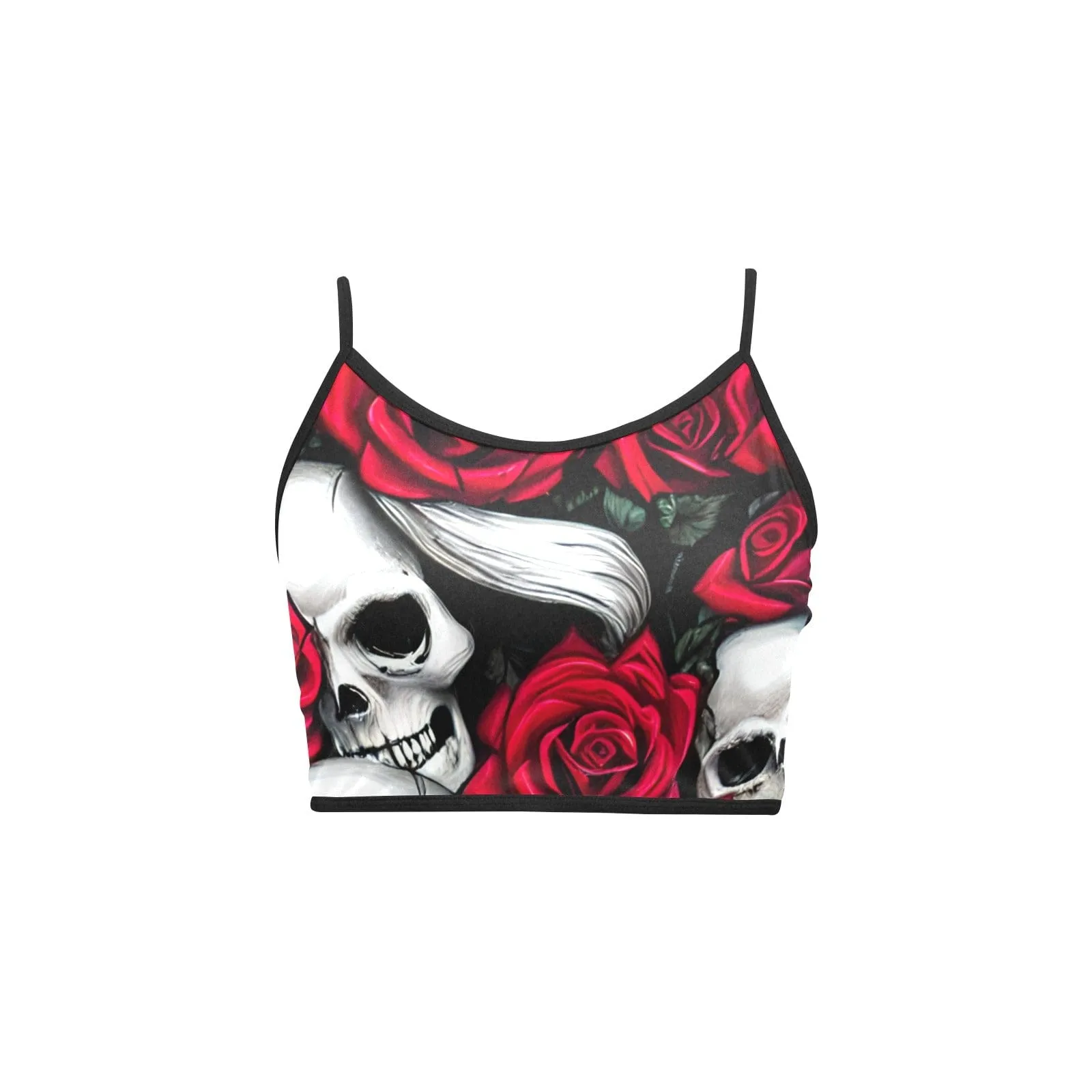 Women's Skull Red Roses Spaghetti Strap Crop Top