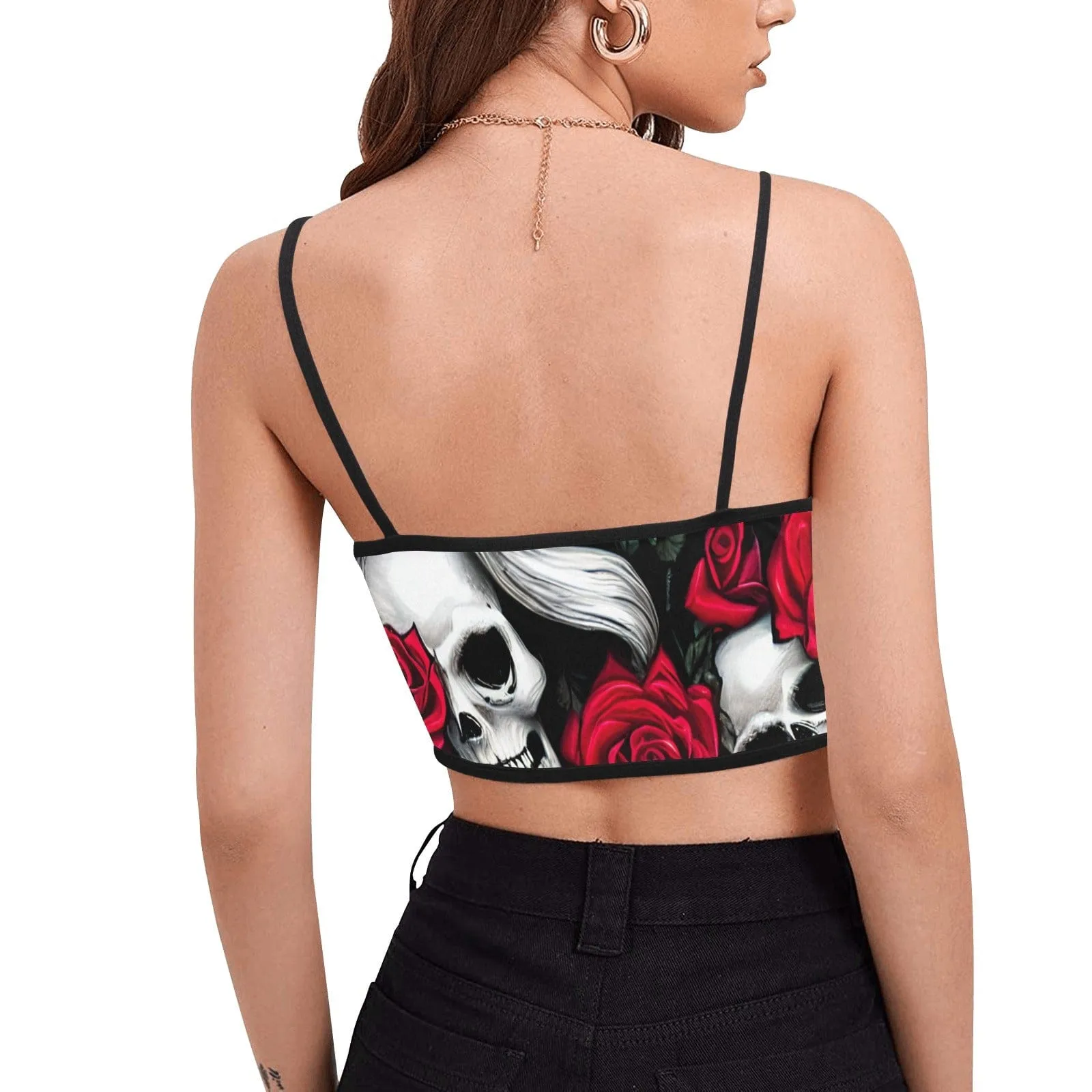 Women's Skull Red Roses Spaghetti Strap Crop Top