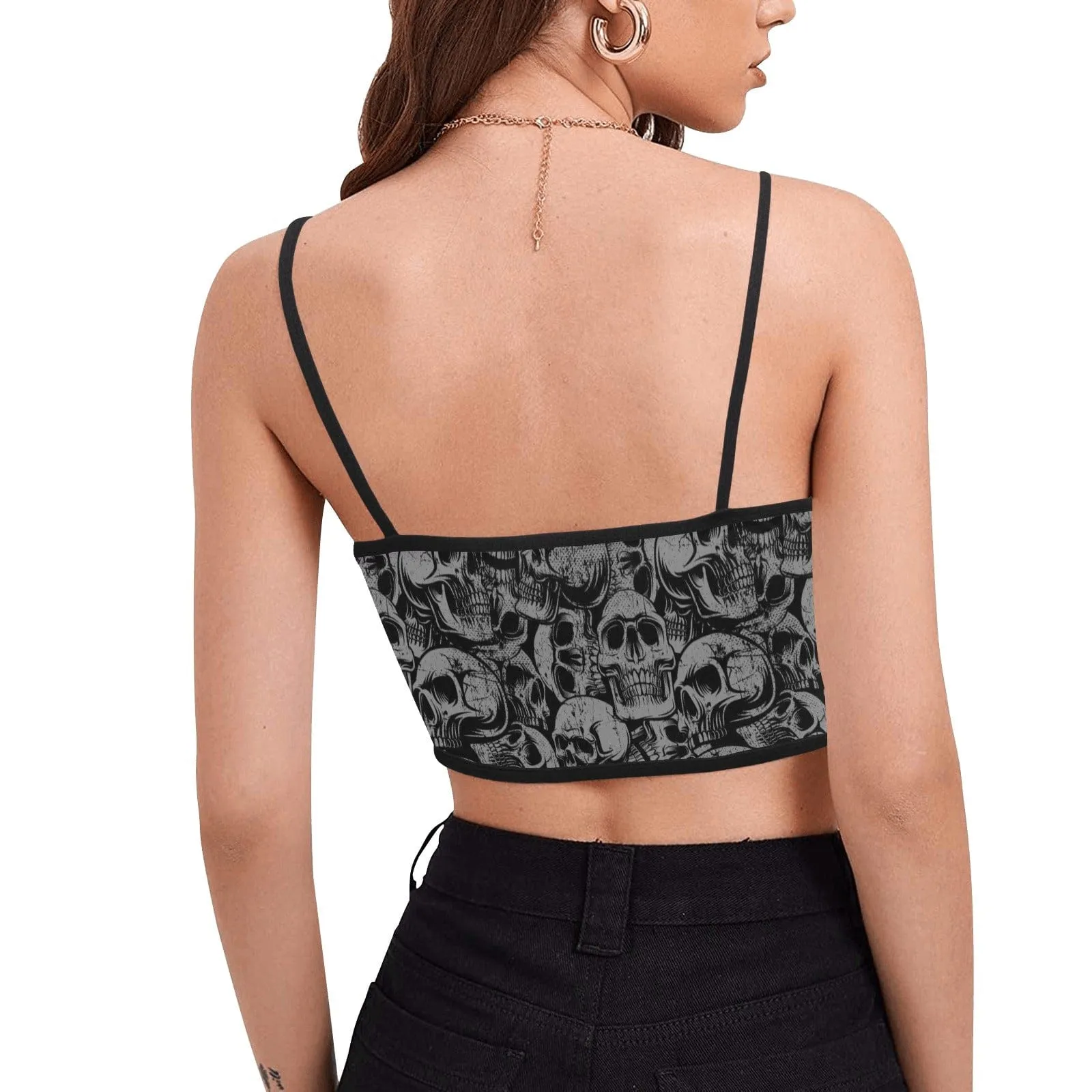 Women's Spaghetti Strap Crop Top Black Skulls Print