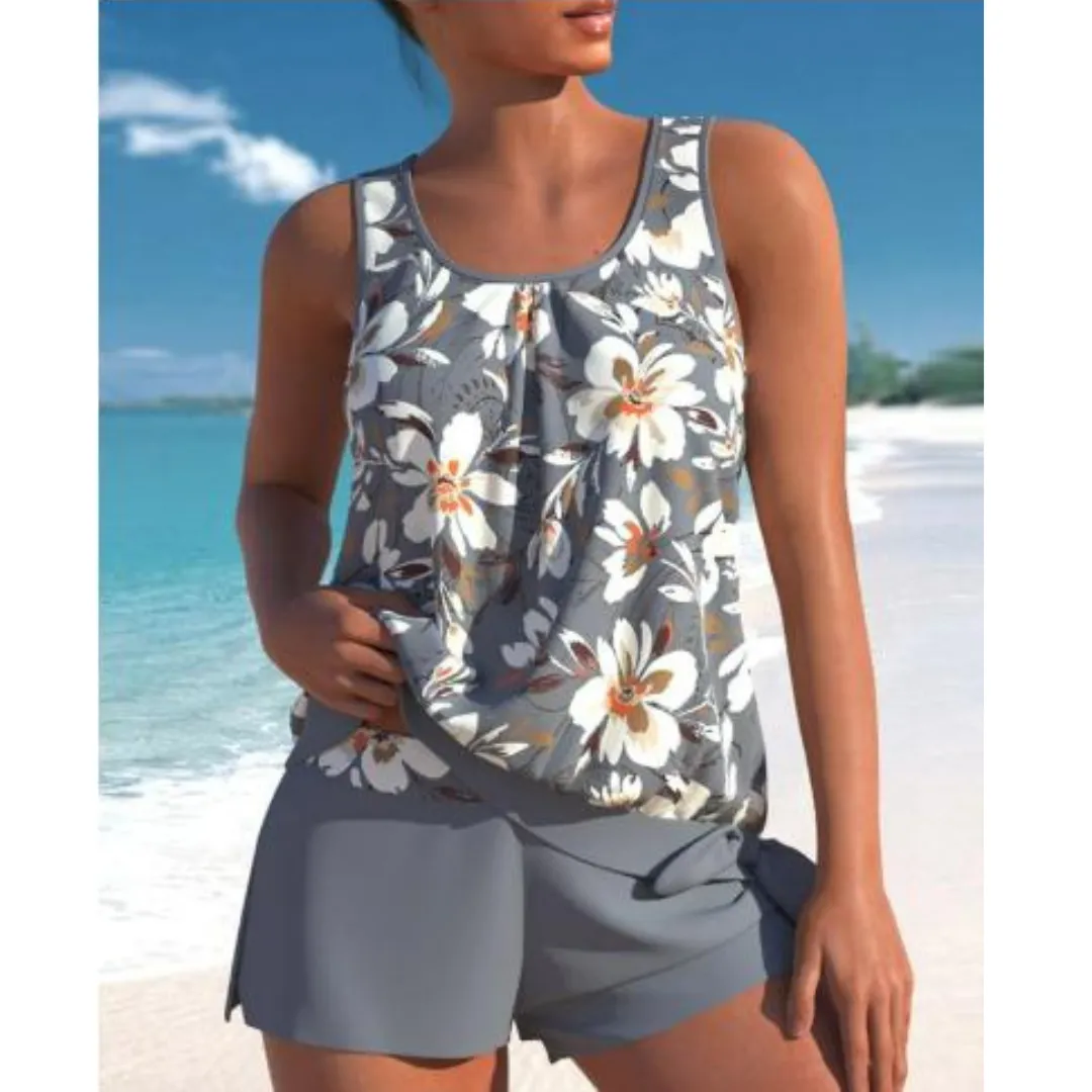 Women's Two-Tone Floral Print Tankini Set - Stylish and Comfortable Swimwear
