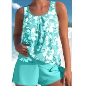 Women's Two-Tone Floral Print Tankini Set - Stylish and Comfortable Swimwear