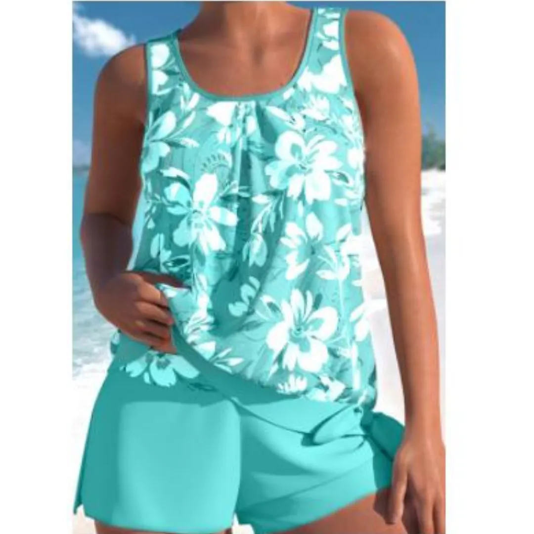 Women's Two-Tone Floral Print Tankini Set - Stylish and Comfortable Swimwear