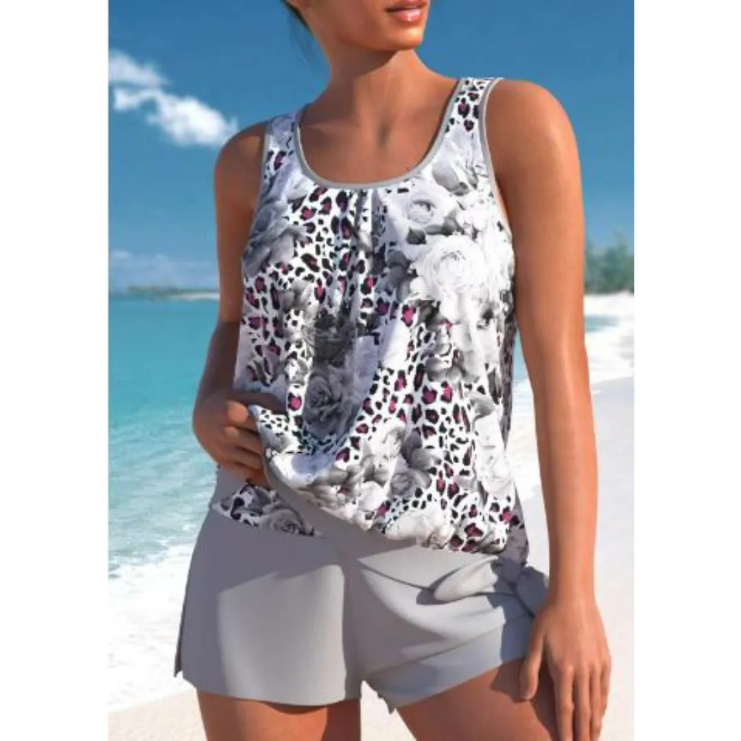 Women's Two-Tone Floral Print Tankini Set - Stylish and Comfortable Swimwear