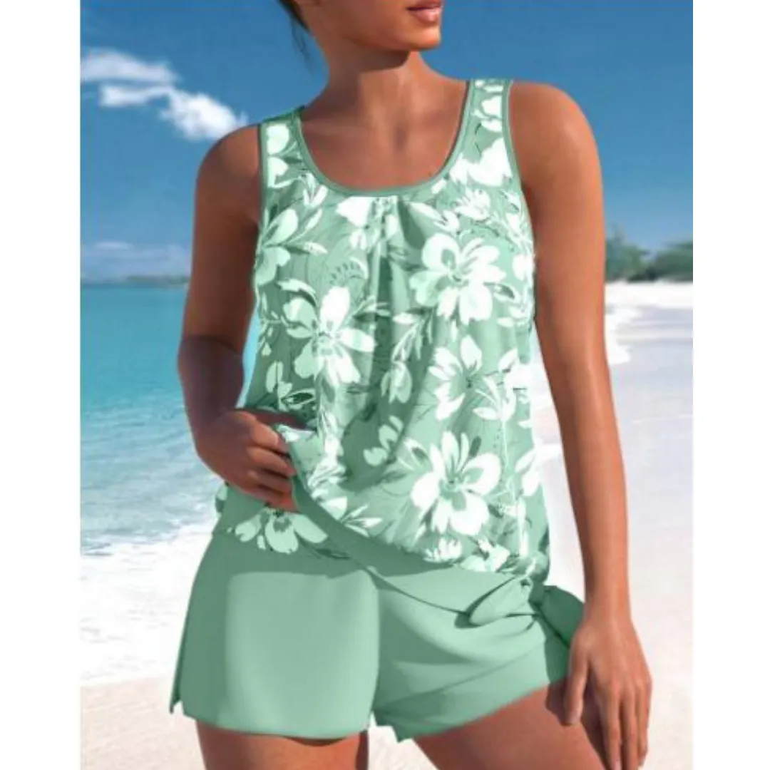 Women's Two-Tone Floral Print Tankini Set - Stylish and Comfortable Swimwear