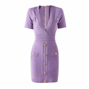 Women's V Neck Sweater Dress Short Sleves Violet Knitted Bodycon Dress