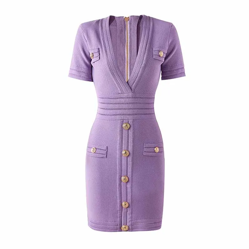 Women's V Neck Sweater Dress Short Sleves Violet Knitted Bodycon Dress
