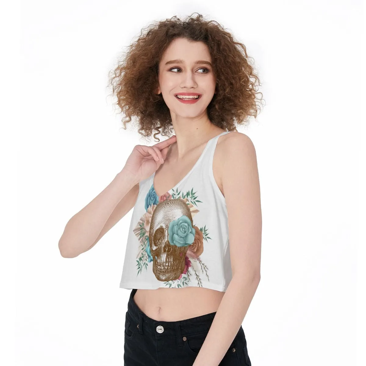 Women's Vintage Skull Floral Crop-Tank Top