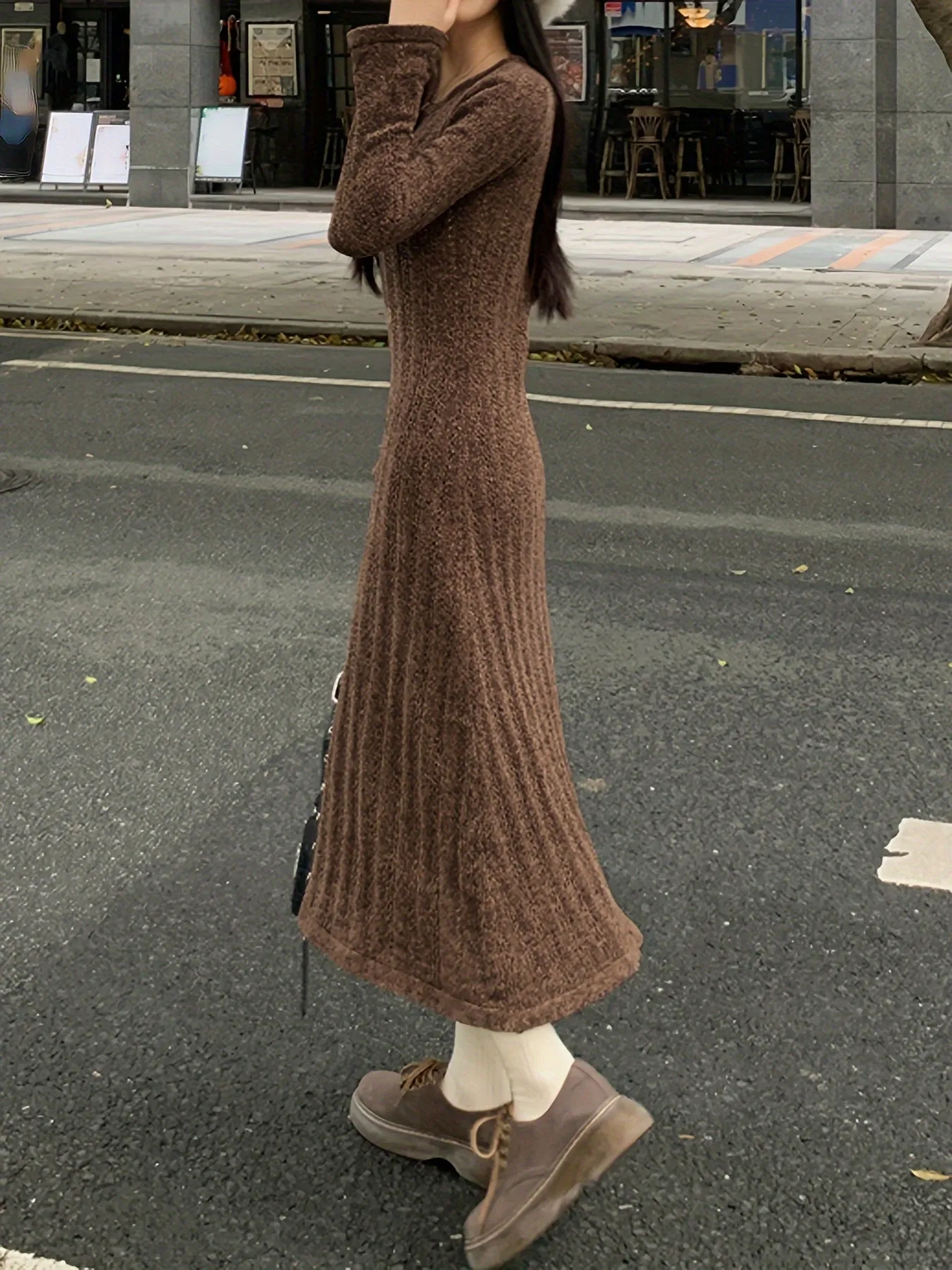 xieyinshe  Solid Textured Sweater Dress, Long Sleeve Maxi Causal Dress, Women's Clothing