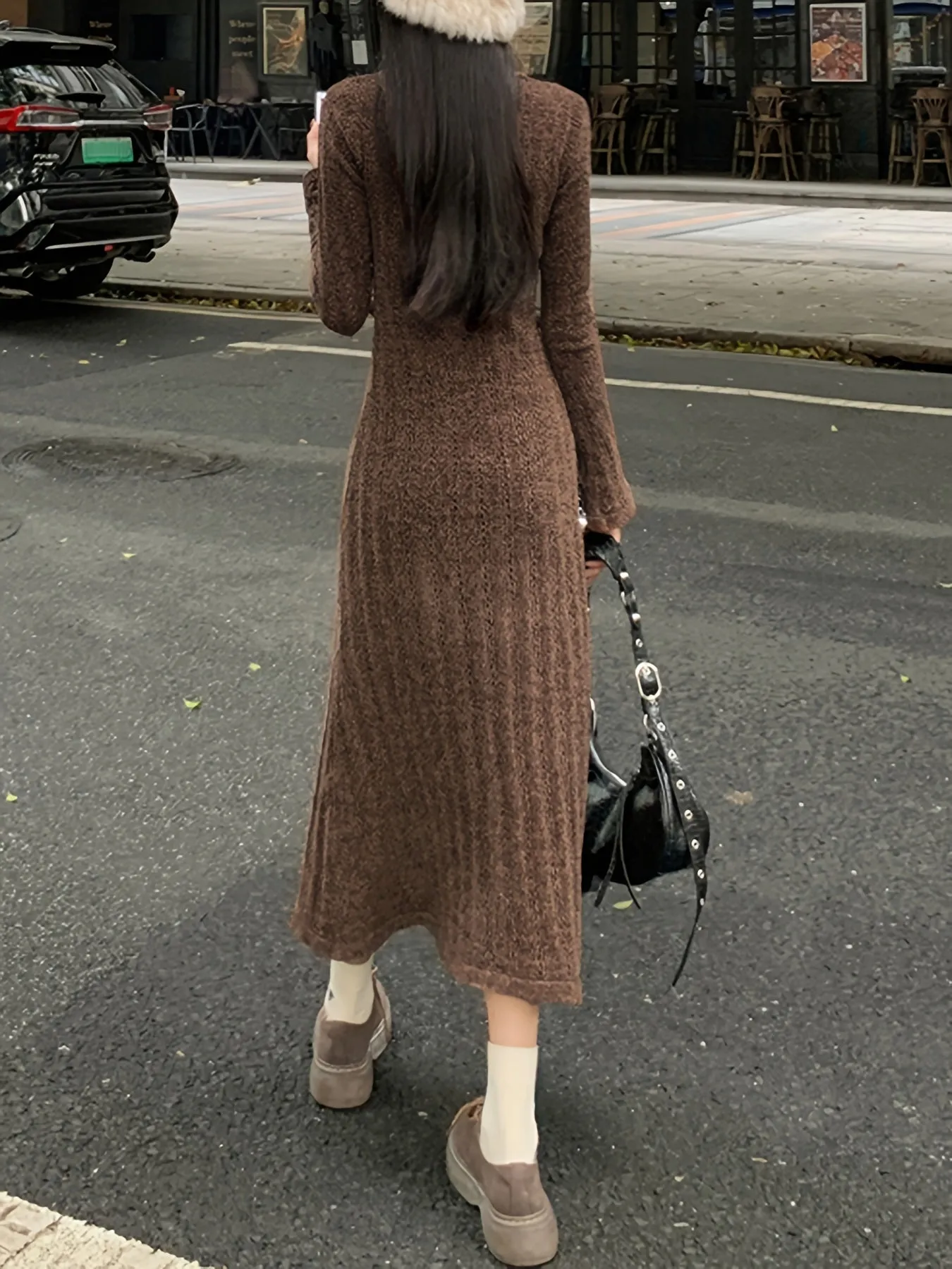 xieyinshe  Solid Textured Sweater Dress, Long Sleeve Maxi Causal Dress, Women's Clothing