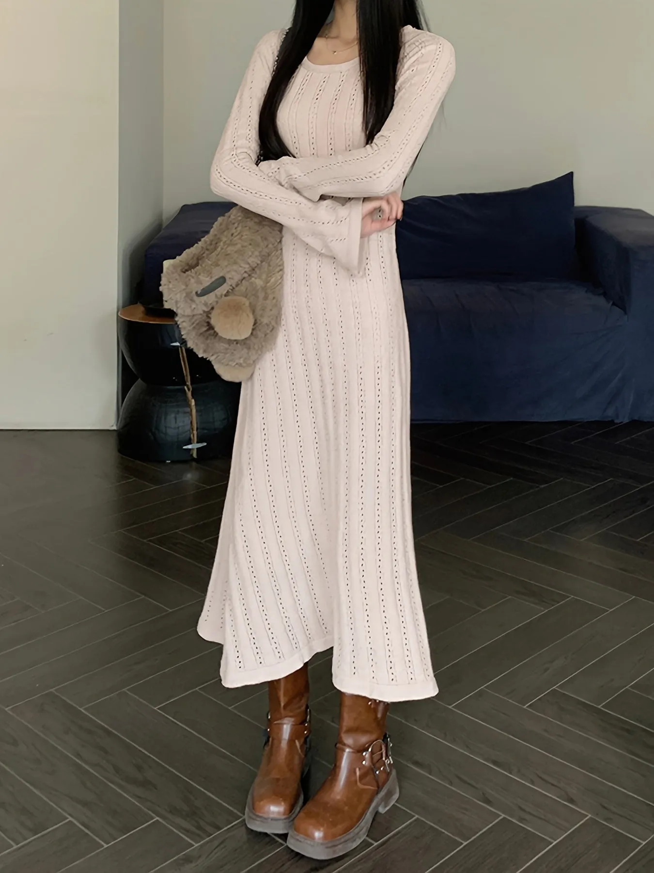 xieyinshe  Solid Textured Sweater Dress, Long Sleeve Maxi Causal Dress, Women's Clothing