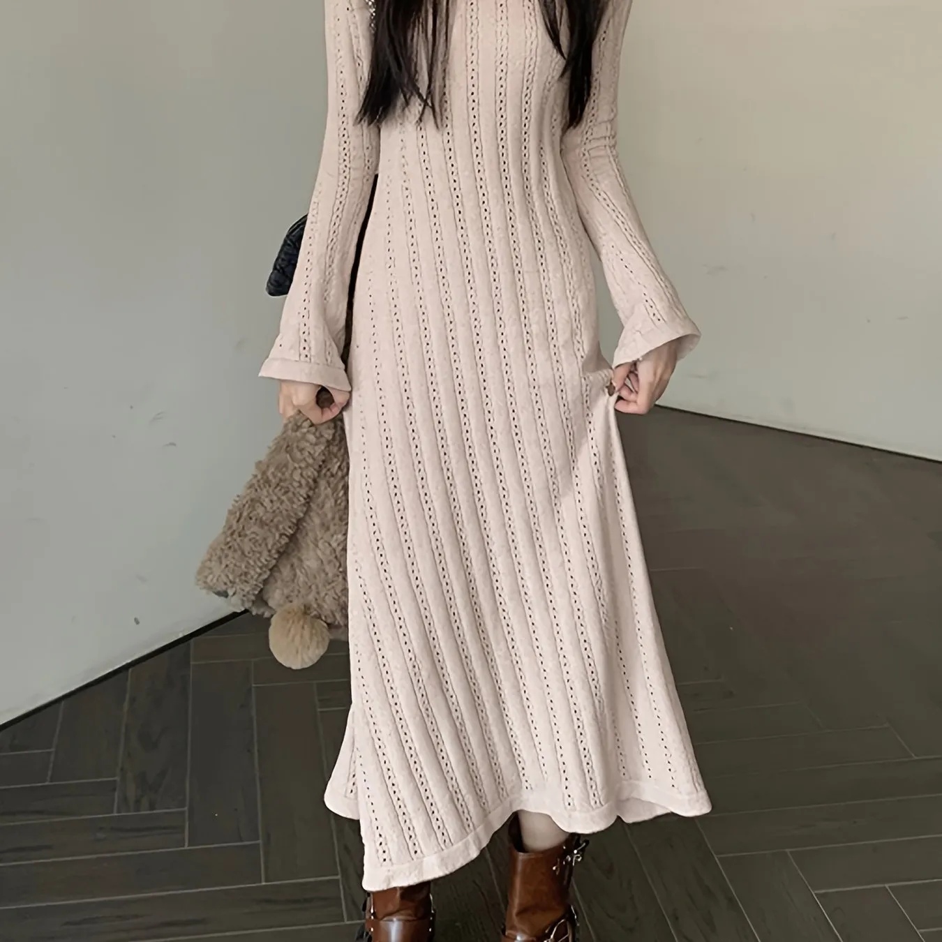 xieyinshe  Solid Textured Sweater Dress, Long Sleeve Maxi Causal Dress, Women's Clothing
