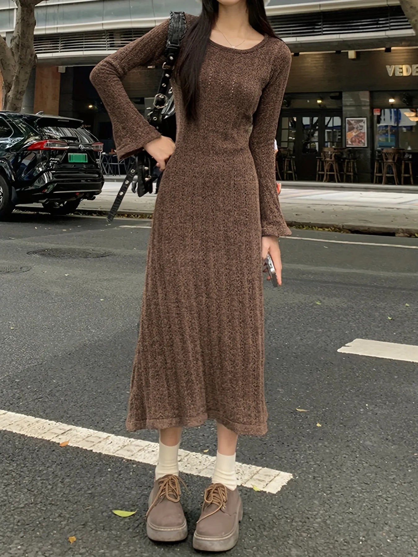 xieyinshe  Solid Textured Sweater Dress, Long Sleeve Maxi Causal Dress, Women's Clothing
