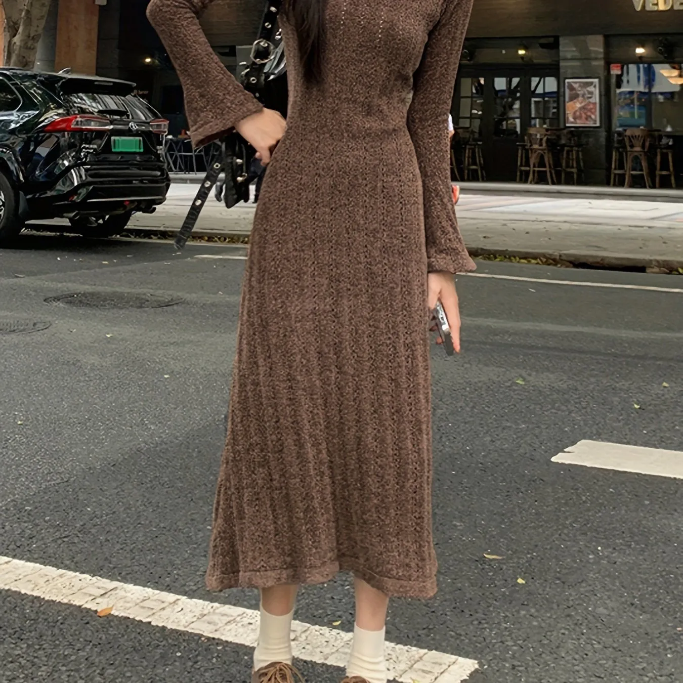 xieyinshe  Solid Textured Sweater Dress, Long Sleeve Maxi Causal Dress, Women's Clothing